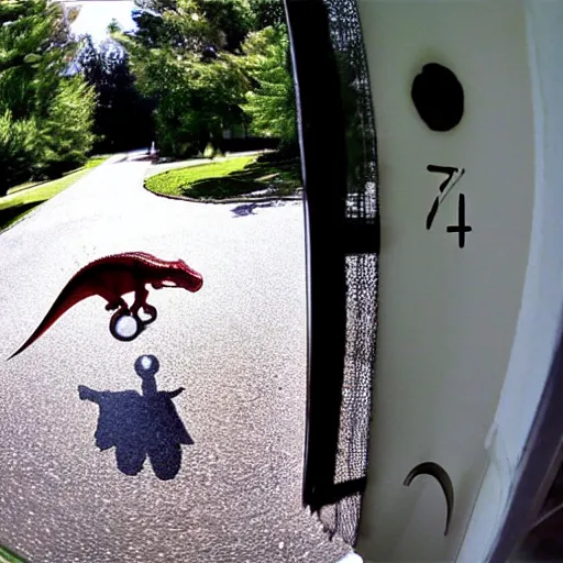 Image similar to fisheye view of dinosaur stealing packages, ring doorbell view