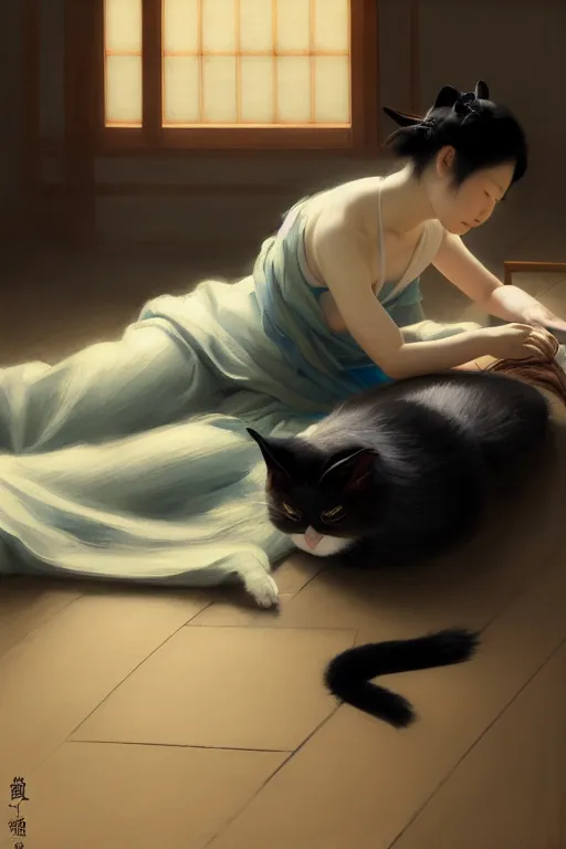 Image similar to japanese woman sewing on floor while a cat napping behind her, dim light, extremely detailed digital painting, in the style of fenghua zhong and ruan jia and jeremy lipking and peter mohrbacher, mystical colors, rim light, beautiful lighting, 8 k, stunning scene, raytracing, octane, trending on artstation