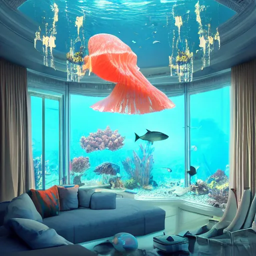 Image similar to the realistic photo of the modern fashionable room as aquarium with a chandelier as a big jellyfish, beautiful corals on the walls and sharks in the big panoramic window, a lot of gleans, under the ocean, realistic colors, realistic shadows, daylight made in blender, hd, 3 d by beeple and by greg rutkowski