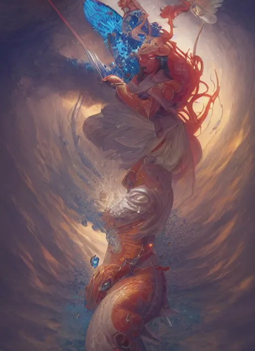 Image similar to hyper realistic photography portrait of medieval religious occult space angel koi fish cinematic, brom, moebius, peter mohrbacher, juan gimenez, james gurney, greg rutkowski comic cover artstation