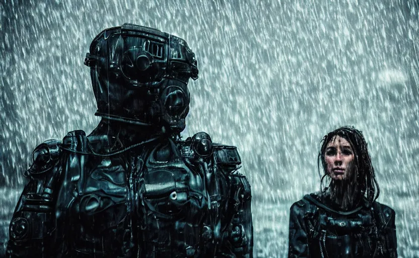 Image similar to cinestill 5 0 d candid photographic portrait by christopher nolan of two loving female androids wearing rugged black mesh techwear in treacherous waters, extreme closeup, modern cyberpunk moody emotional cinematic, pouring rain menacing military helicopter lights, 8 k, hd, high resolution, 3 5 mm, f / 3 2, ultra realistic faces, ex machina