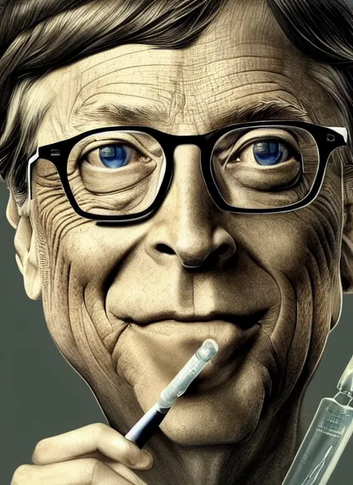 Prompt: bill gates as a reptile!!!, holding syringe, portrait, intricate, elegant, highly detailed, digital painting, artstation, concept art, wallpaper, smooth, sharp focus, illustration, art by h. r. giger and artgerm and greg rutkowski and alphonse mucha