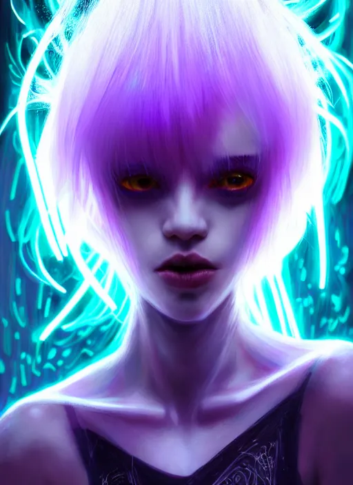 Image similar to hair whitebangs hair, black cyberlox, portrait of normal teenage girl with white bangs, messy bangs, cyberlox, whitebangs, red irises, purple clothes, intricate, elegant, glowing lights, highly detailed, digital painting, artstation, concept art, sharp focus, smooth, illustration, art by wlop, mars ravelo and greg rutkowski