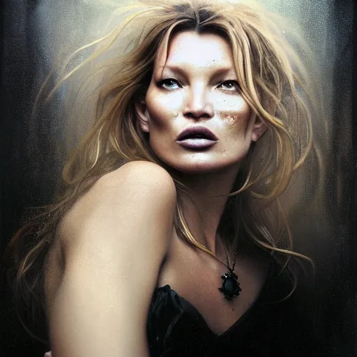 Image similar to hyperrealistic portrait of a woman as kate moss as a vampire witch tears makeup in a black flower coat turned back while closing a window over the shoulder shot portrait torn apart with falling petals in wind. by jeremy mann and alphonse mucha, fantasy art, photo realistic, dynamic lighting, artstation, poster, volumetric lighting, very detailed faces, 4 k, award winning