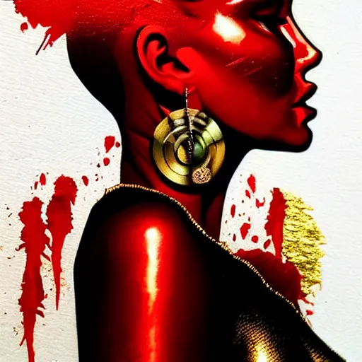 Image similar to portrait of red woman :: side profile :: in ocean :: guns and bullets :: metallic details :: gold :: blood and horror :: by marvel and Sandra Chevrier