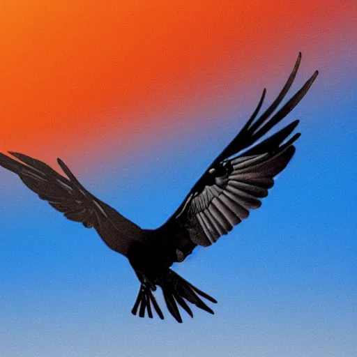 Image similar to blue raven flying on a red sky, realistic