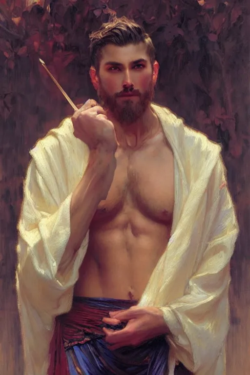 Image similar to attractive male, taoism, painting by gaston bussiere, greg rutkowski, j. c. leyendecker, artgerm