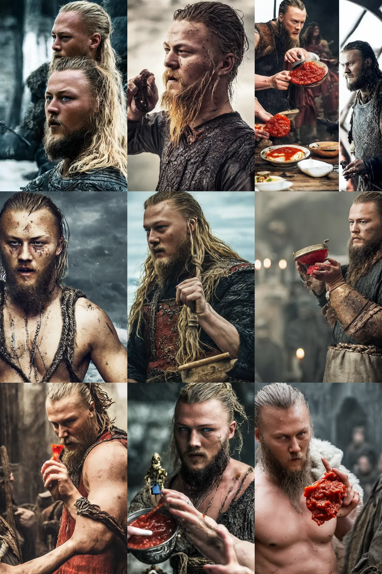 Prompt: Pouring marinara sauce on ragnar lothbrok's face