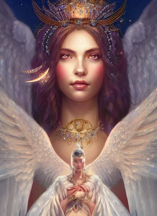 Image similar to A beautiful digital painting of a female angel full of jewels, princess, the moon behind her, intricate, cinematic lighting, highly detailed, digital painting, Artstation, concept art, smooth, sharp focus, illustration, art by Tom Bagshaw, Artgerm and Greg Rutkowski