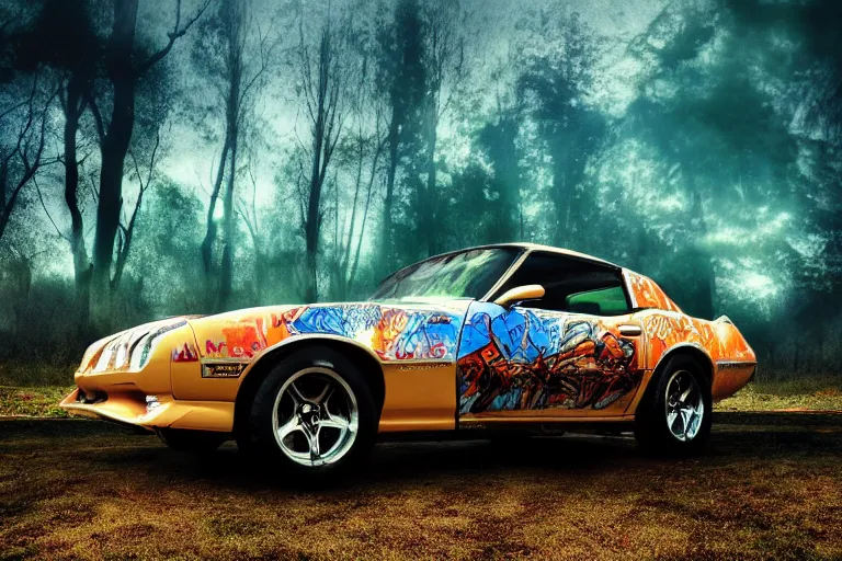 Prompt: pontiac firebird with grafitti tag on side, angelic wings attached to top of the roof, dramatic, cinematic, forest, volumetric lighting, wide shot, low angle