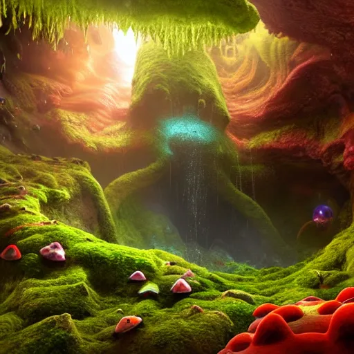 Prompt: mythical gigantic space cavern, ultra realist 3 d render curiosities carnival pond vegetation rocks mushrooms and tentacles covered moss, luminescent wisps, stunning waterfall, accurate features, focus, very intricate ultrafine details, random volumetric lighting, fog, award winning masterpiece, octane render 8 k hd, artstation, boris vallejo