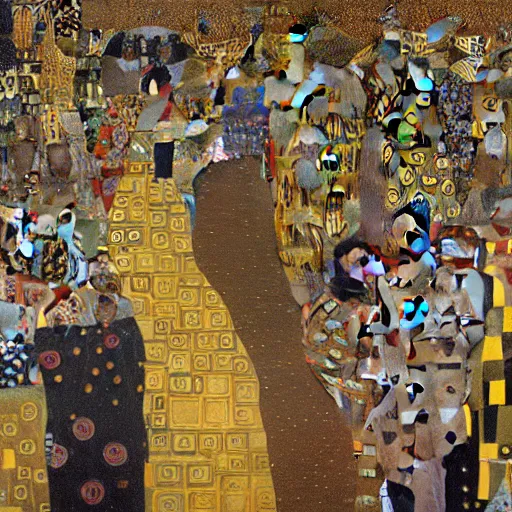 Prompt: amazing detailed photorealistic painting of a crowd of people in a city, in the style of gustav klimt. hq. trending on artstation