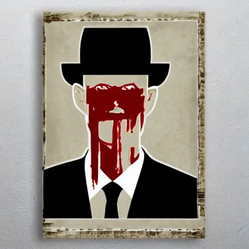 Image similar to Extremely pale human, flat preacher hat, unshaven, sly smile, Blood poster art