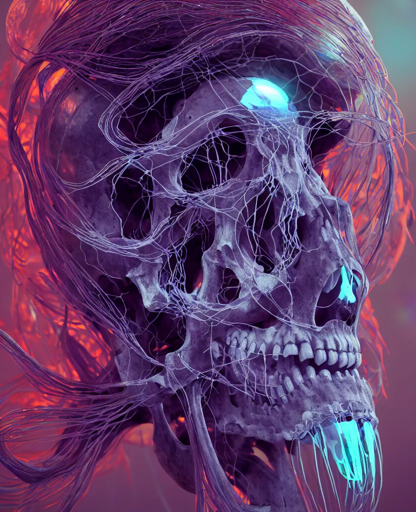 Prompt: symmetry!! goddess close - up portrait human skeleton, ram skull, squid phoenix jellyfish, orchid, betta fish, bioluminiscent, intricate artwork by tooth wu and wlop and beeple. octane render, trending on artstation, greg rutkowski very coherent symmetrical artwork. cinematic, hyper realism, high detail, octane render, 8 k