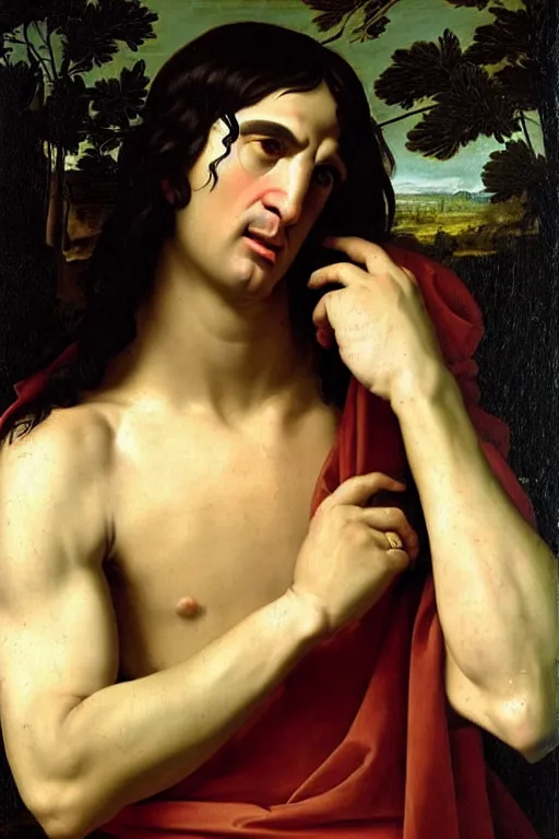 Image similar to renaissance painting of man, long black hair, pleading face, tears dripping from the eyes, emotions closeup, dressed in roman armour, the beautiful garden with pines, ultra detailed, art by Guido Reni style, Vincenzo Catena style