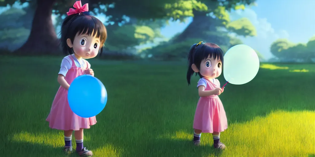 Image similar to a little girl with lollypop, holding blue balloon on a string, studio ghibli, pixar and disney animation, sharp, rendered in unreal engine 5, anime key art by greg rutkowski, bloom, dramatic lighting