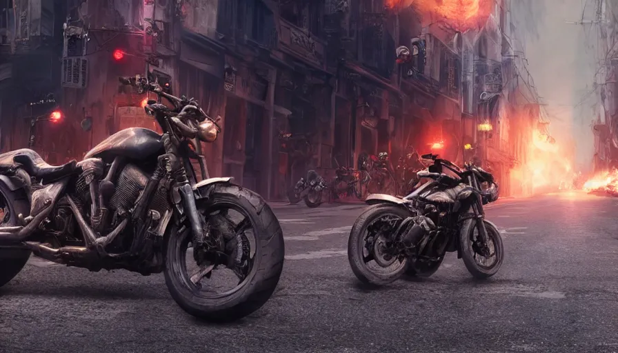 Image similar to a highly detailed epic cinematic concept art CG render digital painting artwork: powerful motorcycle design in the streets of fire movie 8k