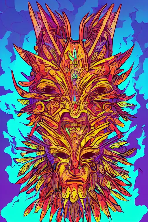 Image similar to animal mask totem roots tribal feather gemstone plant wood rock shaman vodoo video game vector illustration vivid multicolor borderlands comics by josan gonzales and dan mumford radiating a glowing aura