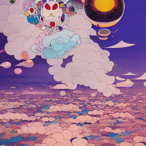 Image similar to a man walking on clouds above kyoto by takashi murakami, beeple and james jean, aya takano color style, 4 k, super detailed, modern, 4 k