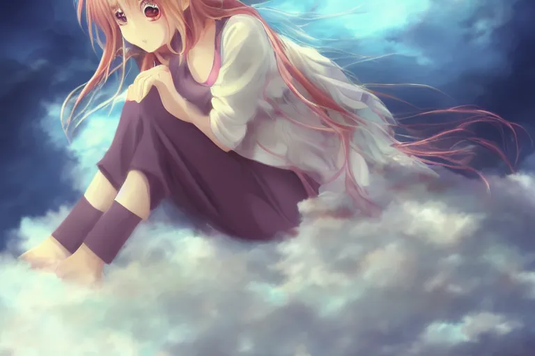 Image similar to a cute beautiful anime girl sitting on a cloud relaxing, digital painting, anime, portrait