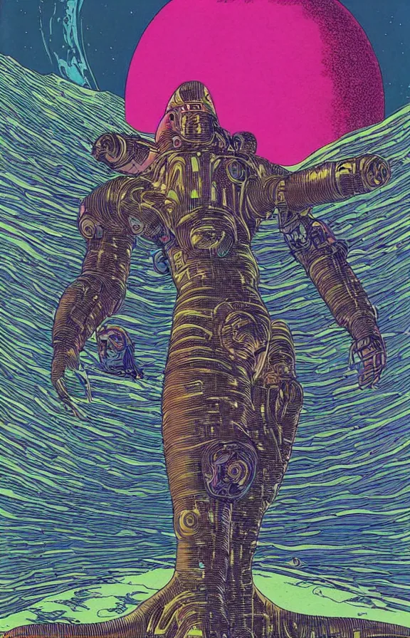 Image similar to Artwork by moebius and tim white, space view of a enormous omnipresent robotic humanoid alien crashing the earth mind powers