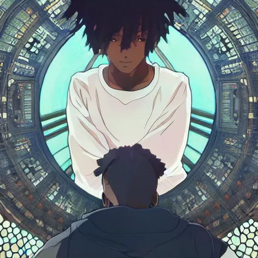 Image similar to kendrick lamar, anime style, wearing sweatshirt, shoulder eyes, last exile anime, symmetrical facial features, from arknights, hyper realistic, 4 k, rule of thirds, extreme detail, detailed drawing, trending artstation, realistic lighting, by alphonse mucha, greg rutkowski, short neck