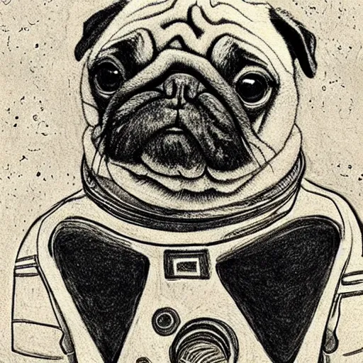 Image similar to pencil art, golden - ratio, spirals, highly detailed, astronaut pug in outer space by davinci.