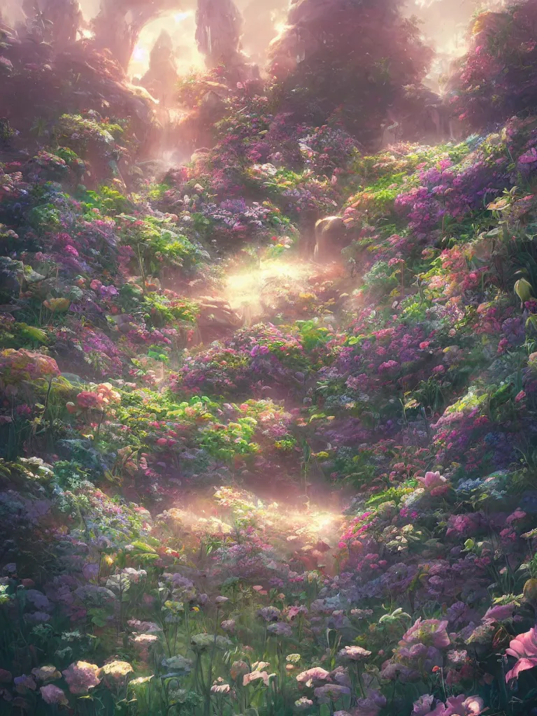 Prompt: a dream flower garden environment where one draws mystical energy into their lives, background art, pristine concept art, symmetrical in the style of WLOP and Ross Tran