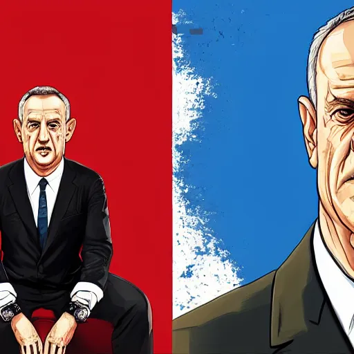 Image similar to portrait of Benny Gantz Defense Minister of Israel as a GTA v character. GTA v loading screen illustration by martin ansin, matt bors