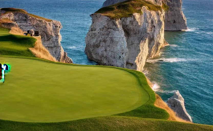 Image similar to a great photograph of the most amazing golf hole in the world, cliffs by the sea, perfect green fairway, human perspective, ambient light, 5 0 mm, golf digest, top 1 0 0, golden hour