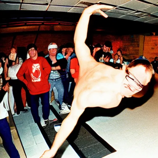 Prompt: Peter Griffin break dancing in a nightclub, 1990 photograph