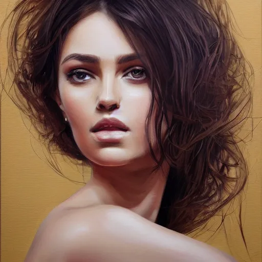 Prompt: beautiful portrait face centre oil on canvas of brunette with wavy hair Ebru Şahin, Reyyan, intricate, elegant, highly detailed, artstation, concept art, sharp focus