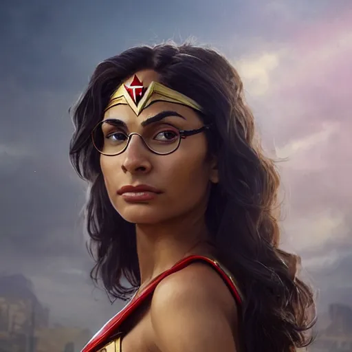 Prompt: a potrait of Mia Khalifa as Wonder Woman by Greg Rutkowski, Sung Choi, Mitchell Mohrhauser, Maciej Kuciara, Johnson Ting, Maxim Verehin, Peter Konig, Zack Snyder, 8k photorealistic, cinematic lighting, HD, high details, dramatic, trending on artstation,