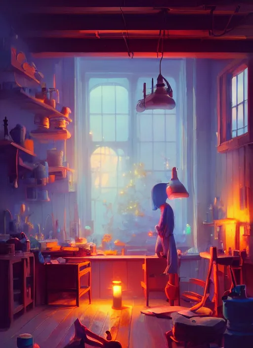 Prompt: beautiful interior of a cozy woodworker shop, james gilleard, delphin enjolras, goro fujita, makoto shinkai, paul lehr, volumetric lighting, exquisite lighting, octane render, very coherent, trending on artstation