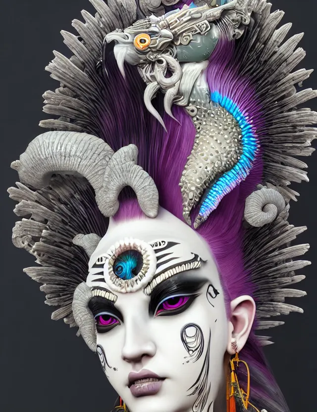 Image similar to 3 d goddess close - up profile portrait punk with mohawk with ram skull. beautiful intricately detailed japanese crow kitsune mask and clasical japanese kimono. betta fish, jellyfish phoenix, bio luminescent, plasma, ice, water, wind, creature, artwork by tooth wu and wlop and beeple and greg rutkowski