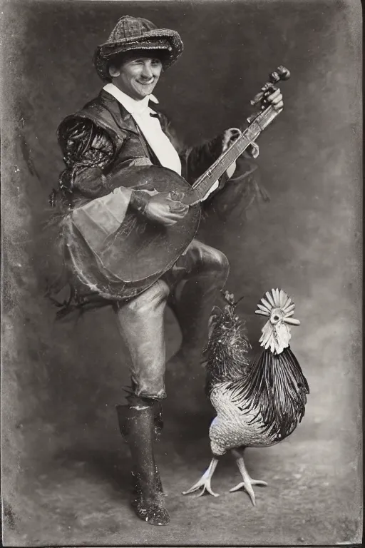 Image similar to a wet plate photo of an anthropomorphic rooster minstrel with a lute