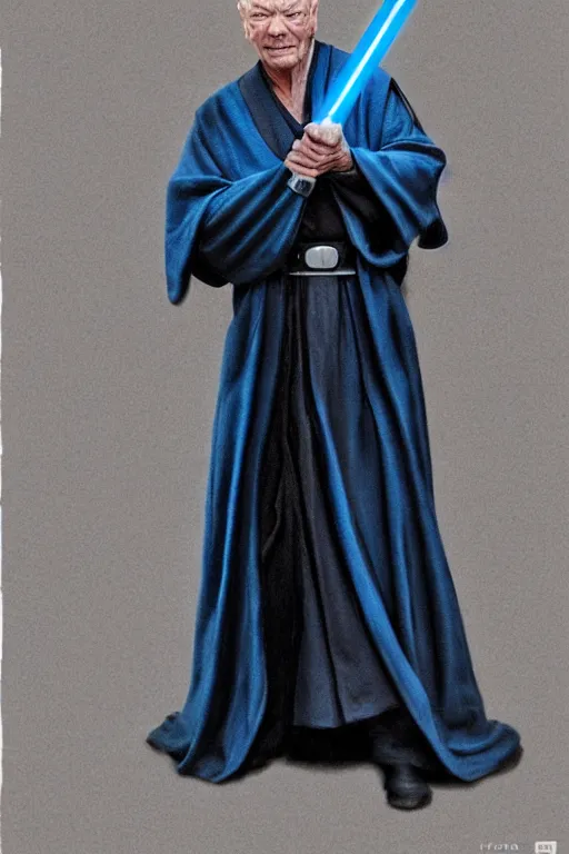 Prompt: photorealistic!! sir patrick steward as a jedi knight, black jedi robe, holding a blue lightsaber, film quality