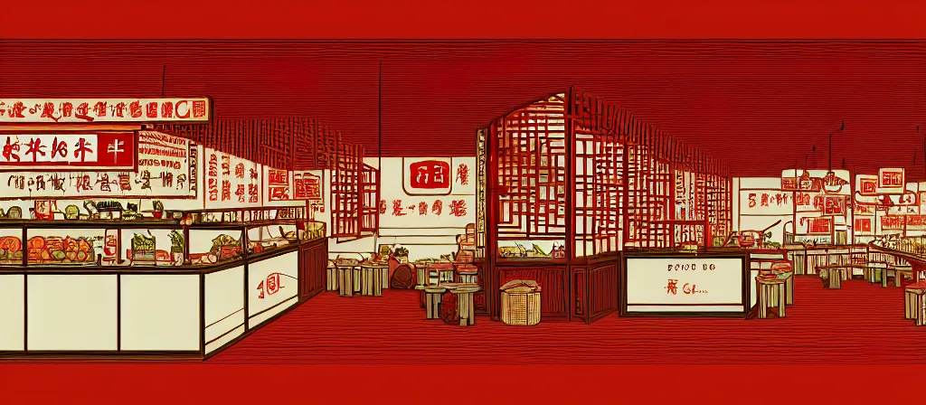 Image similar to a beautiful simple 4 k hd wallpaper illustration of interior view display of the corner of roasted string hotpot shop, simple style, from china, with merchant logo, simple structure, surrealistic, chinese style, victo ngai, james jean, denoise, deblurring