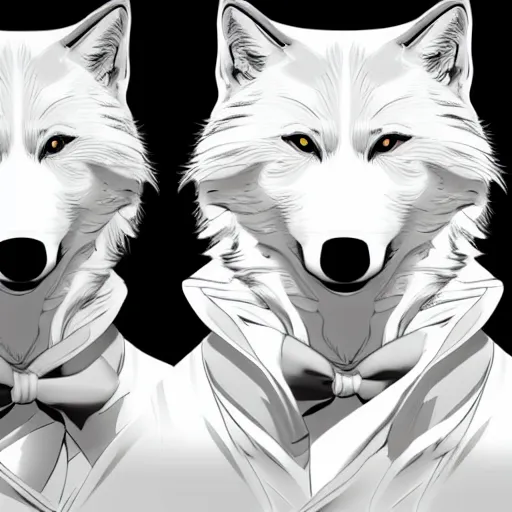 Prompt: An Award Winning Masterpiece Character Illustration trending on artstation of a White Wolf in a Tuxedo, 4k, ultra detailed