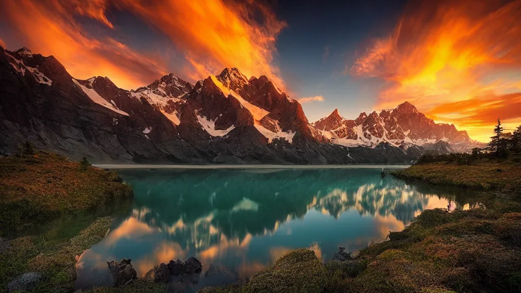 Image similar to amazing landscape photo of mountains with lake in sunset by marc adamus, beautiful dramatic lighting