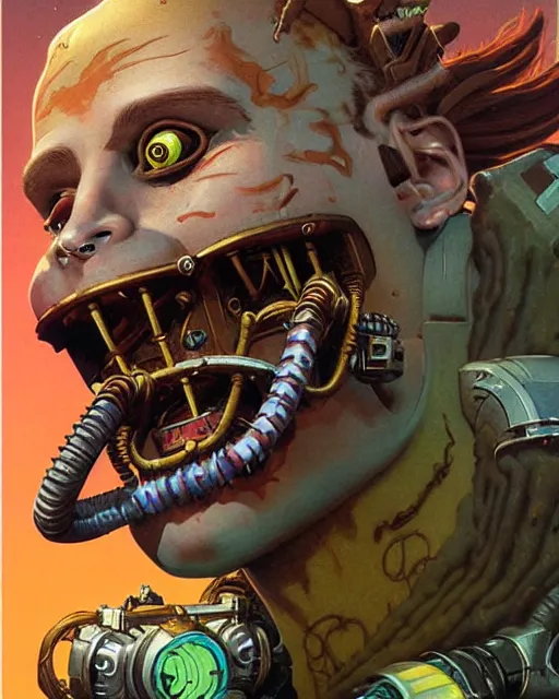 Image similar to junkrat from overwatch, slight smile, character portrait, portrait, close up, concept art, intricate details, highly detailed, vintage sci - fi poster, retro future, in the style of chris foss, rodger dean, moebius, michael whelan, and gustave dore