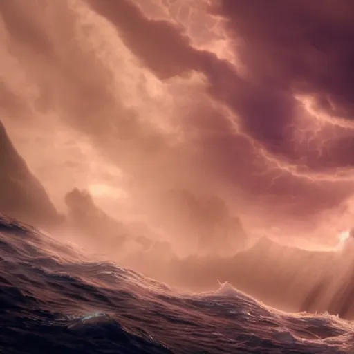 Image similar to of an ocean storm waves ’ form a shape of a wolves face and the wolves eyes are two beams of light epic cinematic lighting detailed