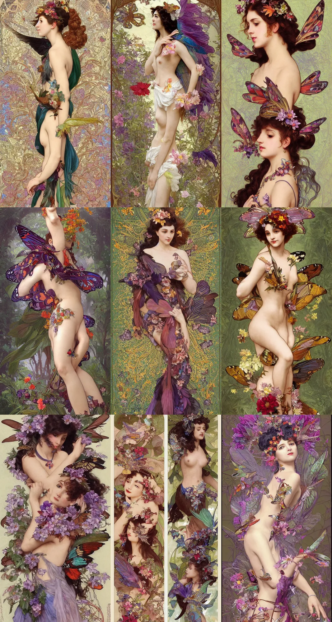 Prompt: Character concept spot illustrations of fashion in the aesthetic of butterfly wings and exotic birds and exotic flower petals, ecopunk, colorful, full-body, bloom, dynamic poses, diaphanous cloth, intricate crystalline and feather jewelry, ornate, filigree, arcane, cinematic lighting, by Artgerm, by Alphonse Mucha, by Bouguereau, by Sakimichan, fantasy, portfolio illustration, highly detailed, trending on Artstation, CGsociety, HQ, 8k, 35mm lens, f2.8, Bokeh,