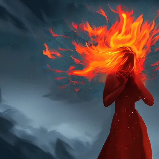 Prompt: Fire giantess made of fire, stormy background, forest fire, breathing fire, fire in hand, concept art, artstation, 4k