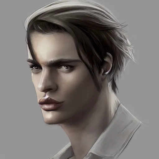 Image similar to a tall, lean man with light tan skin, blue eyes, and shoulder - length, slicked - back blonde hair combed down to the nape of his neck, long face with sunken cheeks and a well defined jawline, with vertical scars over his left eye, dressed casually, art by charlie bowater and artgerma