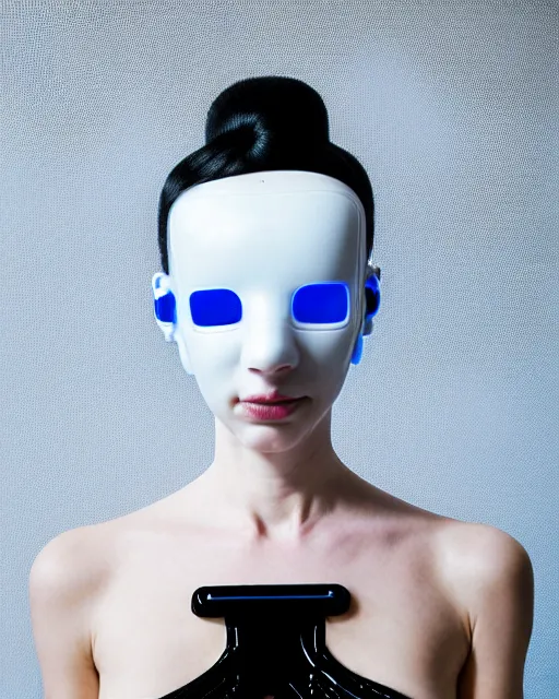 Prompt: portrait of a woman wearing a white embroidered translucent silicone mask and white blue frizzy hair buns, wearing a black bodysuit by alexander mcqueen, cream white background, soft diffused light, biotechnology, humanoide robot, bjork aesthetic, translucent, by rineke dijkstra, intricate details, highly detailed, masterpiece,