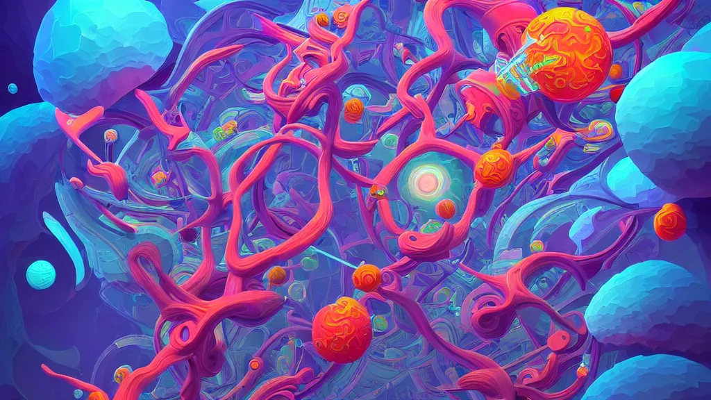 Prompt: a hyperdetailed painting vibrant vectors forming impossible interdimensional shapes that transcend space and time, ambient occlusion, 3 d model, quantum fractals, magic realism inspired by psychadelia and james jean and hownosm, trending on artstation,