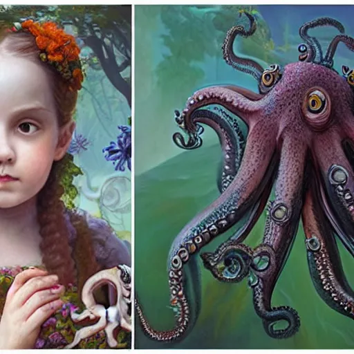 Image similar to detailed matte painting of a full complete head and body view of a beautiful victorian girl child touching an octopus plant in a garden by android jones, 8 k, realistic