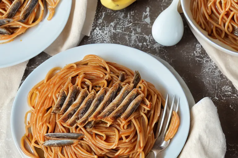 Image similar to Spaghetti with sardines and bananas