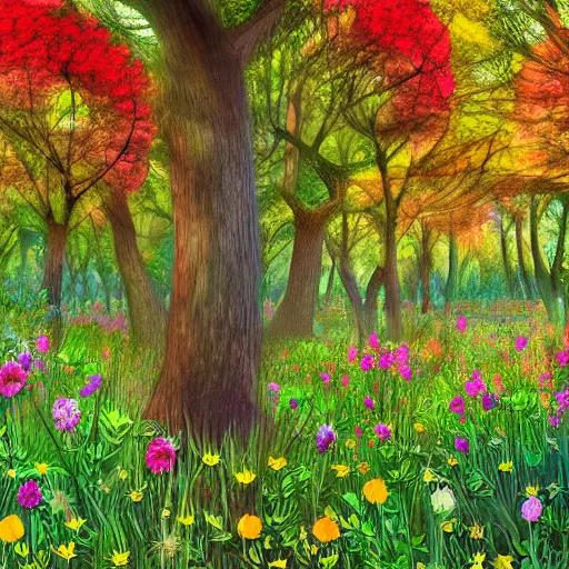 Image similar to A forest with beautiful flowers scatter across the field with large trees of all colors, digital art, detailed, trending on artstaion